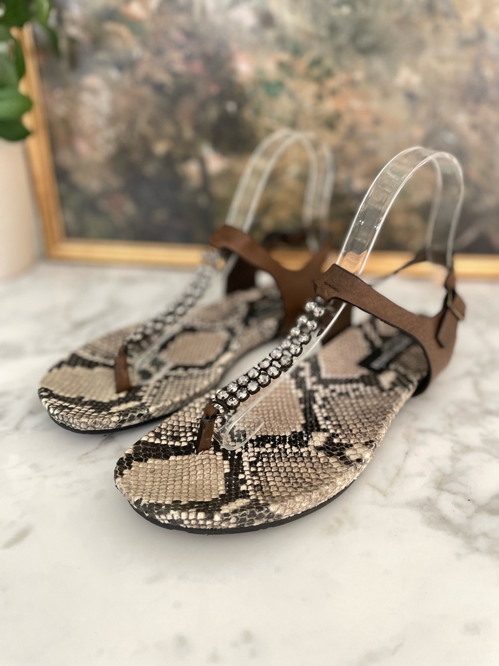 Pedro Garcia Athena Python Snake Sandals T Strap Rhinestone Thong